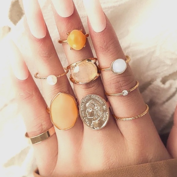 **MIKA* 9-Pc Gold x Multicolor Fashion Rhinestone Ring Set - Picture 3 of 4